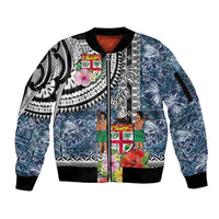 Fiji Day Sleeve Zip Bomber Jacket Traditional Tapa with Hibiscus and Emblems LT03 Unisex - Polynesian Pride