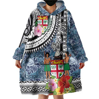 Fiji Day Wearable Blanket Hoodie Traditional Tapa with Hibiscus and Emblems