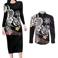 Hawaiian Tropical Plumeria Turtles Couples Matching Long Sleeve Bodycon Dress and Long Sleeve Button Shirt Polynesian Art Tattoo