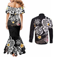 Hawaiian Tropical Plumeria Turtles Couples Matching Mermaid Dress and Long Sleeve Button Shirt Polynesian Art Tattoo