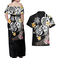 Hawaiian Tropical Plumeria Turtles Couples Matching Off Shoulder Maxi Dress and Hawaiian Shirt Polynesian Art Tattoo
