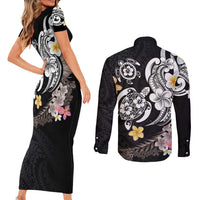 Hawaiian Tropical Plumeria Turtles Couples Matching Short Sleeve Bodycon Dress and Long Sleeve Button Shirt Polynesian Art Tattoo
