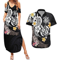 Hawaiian Tropical Plumeria Turtles Couples Matching Summer Maxi Dress and Hawaiian Shirt Polynesian Art Tattoo
