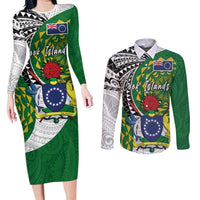 Cook Islands Independence Day Couples Matching Long Sleeve Bodycon Dress and Long Sleeve Button Shirt National Flag and Emblem with Tatau Tattoo