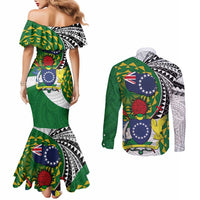 Cook Islands Independence Day Couples Matching Mermaid Dress and Long Sleeve Button Shirt National Flag and Emblem with Tatau Tattoo