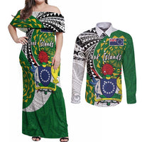 Cook Islands Independence Day Couples Matching Off Shoulder Maxi Dress and Long Sleeve Button Shirt National Flag and Emblem with Tatau Tattoo