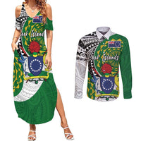 Cook Islands Independence Day Couples Matching Summer Maxi Dress and Long Sleeve Button Shirt National Flag and Emblem with Tatau Tattoo