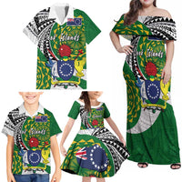 Cook Islands Independence Day Family Matching Off Shoulder Maxi Dress and Hawaiian Shirt National Flag and Emblem with Tatau Tattoo