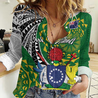 Cook Islands Independence Day Women Casual Shirt National Flag and Emblem with Tatau Tattoo