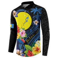 Palau Independence Day Button Sweatshirt Melanesian Tattoo with Hibiscus