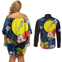 Palau Independence Day Couples Matching Off Shoulder Short Dress and Long Sleeve Button Shirt Melanesian Tattoo with Hibiscus