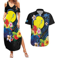 Palau Independence Day Couples Matching Summer Maxi Dress and Hawaiian Shirt Melanesian Tattoo with Hibiscus