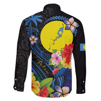 Palau Independence Day Family Matching Long Sleeve Bodycon Dress and Hawaiian Shirt Melanesian Tattoo with Hibiscus