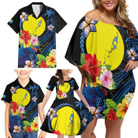 Palau Independence Day Family Matching Off Shoulder Short Dress and Hawaiian Shirt Melanesian Tattoo with Hibiscus