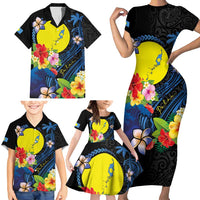 Palau Independence Day Family Matching Short Sleeve Bodycon Dress and Hawaiian Shirt Melanesian Tattoo with Hibiscus