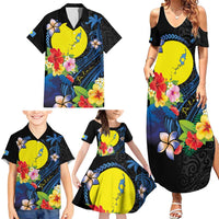 Palau Independence Day Family Matching Summer Maxi Dress and Hawaiian Shirt Melanesian Tattoo with Hibiscus