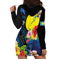 Palau Independence Day Hoodie Dress Melanesian Tattoo with Hibiscus