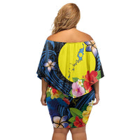 Palau Independence Day Off Shoulder Short Dress Melanesian Tattoo with Hibiscus