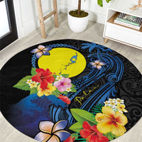 Palau Independence Day Round Carpet Melanesian Tattoo with Hibiscus