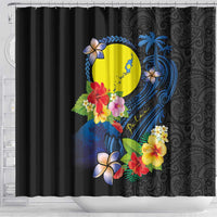 Palau Independence Day Shower Curtain Melanesian Tattoo with Hibiscus