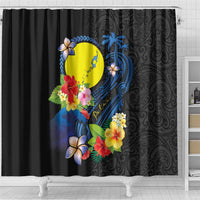 Palau Independence Day Shower Curtain Melanesian Tattoo with Hibiscus