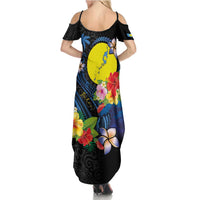 Palau Independence Day Summer Maxi Dress Melanesian Tattoo with Hibiscus