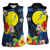 Palau Independence Day Women Sleeveless Polo Shirt Melanesian Tattoo with Hibiscus
