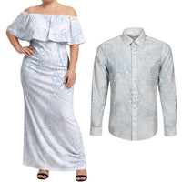 Hawaiian Turtles and Leis Couples Matching Off Shoulder Maxi Dress and Long Sleeve Button Shirt Tribal Kakau Pattern Airy White Blue Cloud Vibe LT03 White - Polynesian Pride