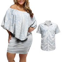 Hawaiian Turtles and Leis Couples Matching Off Shoulder Short Dress and Hawaiian Shirt Tribal Kakau Pattern Airy White Blue Cloud Vibe LT03 White - Polynesian Pride