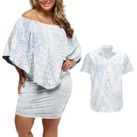 Hawaiian Turtles and Leis Couples Matching Off Shoulder Short Dress and Hawaiian Shirt Tribal Kakau Pattern Airy White Blue Cloud Vibe