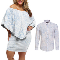 Hawaiian Turtles and Leis Couples Matching Off Shoulder Short Dress and Long Sleeve Button Shirt Tribal Kakau Pattern Airy White Blue Cloud Vibe