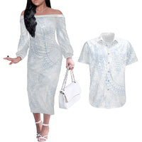 Hawaiian Turtles and Leis Couples Matching Off The Shoulder Long Sleeve Dress and Hawaiian Shirt Tribal Kakau Pattern Airy White Blue Cloud Vibe
