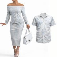 Hawaiian Turtles and Leis Couples Matching Off The Shoulder Long Sleeve Dress and Hawaiian Shirt Tribal Kakau Pattern Airy White Blue Cloud Vibe LT03 White - Polynesian Pride