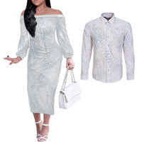 Hawaiian Turtles and Leis Couples Matching Off The Shoulder Long Sleeve Dress and Long Sleeve Button Shirt Tribal Kakau Pattern Airy White Blue Cloud Vibe