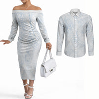 Hawaiian Turtles and Leis Couples Matching Off The Shoulder Long Sleeve Dress and Long Sleeve Button Shirt Tribal Kakau Pattern Airy White Blue Cloud Vibe LT03 White - Polynesian Pride