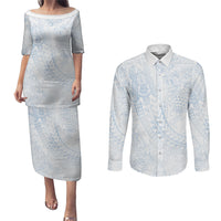 Hawaiian Turtles and Leis Couples Matching Puletasi and Long Sleeve Button Shirt Tribal Kakau Pattern Airy White Blue Cloud Vibe