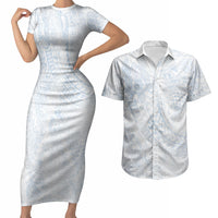 Hawaiian Turtles and Leis Couples Matching Short Sleeve Bodycon Dress and Hawaiian Shirt Tribal Kakau Pattern Airy White Blue Cloud Vibe LT03 White - Polynesian Pride
