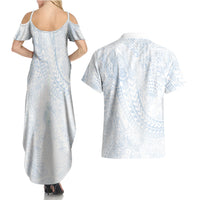 Hawaiian Turtles and Leis Couples Matching Summer Maxi Dress and Hawaiian Shirt Tribal Kakau Pattern Airy White Blue Cloud Vibe