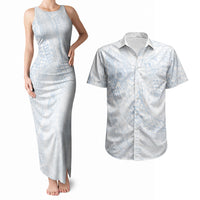 Hawaiian Turtles and Leis Couples Matching Tank Maxi Dress and Hawaiian Shirt Tribal Kakau Pattern Airy White Blue Cloud Vibe LT03 White - Polynesian Pride