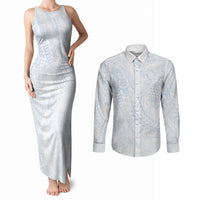 Hawaiian Turtles and Leis Couples Matching Tank Maxi Dress and Long Sleeve Button Shirt Tribal Kakau Pattern Airy White Blue Cloud Vibe LT03 White - Polynesian Pride