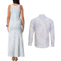 Hawaiian Turtles and Leis Couples Matching Tank Maxi Dress and Long Sleeve Button Shirt Tribal Kakau Pattern Airy White Blue Cloud Vibe