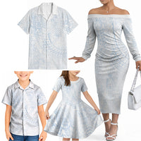 Hawaiian Turtles and Leis Family Matching Off The Shoulder Long Sleeve Dress and Hawaiian Shirt Tribal Kakau Pattern Airy White Blue Cloud Vibe LT03 - Polynesian Pride