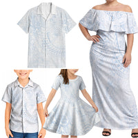 Hawaiian Turtles and Leis Family Matching Off Shoulder Maxi Dress and Hawaiian Shirt Tribal Kakau Pattern Airy White Blue Cloud Vibe LT03 - Polynesian Pride