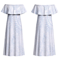 Hawaiian Turtles and Leis Family Matching Off Shoulder Maxi Dress and Hawaiian Shirt Tribal Kakau Pattern Airy White Blue Cloud Vibe LT03 Mom's Dress White - Polynesian Pride
