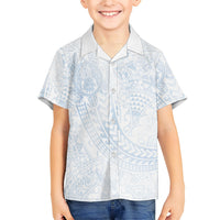 Hawaiian Turtles and Leis Family Matching Off Shoulder Maxi Dress and Hawaiian Shirt Tribal Kakau Pattern Airy White Blue Cloud Vibe