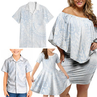 Hawaiian Turtles and Leis Family Matching Off Shoulder Short Dress and Hawaiian Shirt Tribal Kakau Pattern Airy White Blue Cloud Vibe LT03 - Polynesian Pride