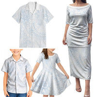 Hawaiian Turtles and Leis Family Matching Puletasi and Hawaiian Shirt Tribal Kakau Pattern Airy White Blue Cloud Vibe LT03 - Polynesian Pride