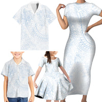 Hawaiian Turtles and Leis Family Matching Short Sleeve Bodycon Dress and Hawaiian Shirt Tribal Kakau Pattern Airy White Blue Cloud Vibe LT03 - Polynesian Pride