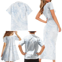 Hawaiian Turtles and Leis Family Matching Short Sleeve Bodycon Dress and Hawaiian Shirt Tribal Kakau Pattern Airy White Blue Cloud Vibe LT03 Mom's Dress White - Polynesian Pride