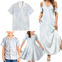 Hawaiian Turtles and Leis Family Matching Summer Maxi Dress and Hawaiian Shirt Tribal Kakau Pattern Airy White Blue Cloud Vibe LT03 - Polynesian Pride